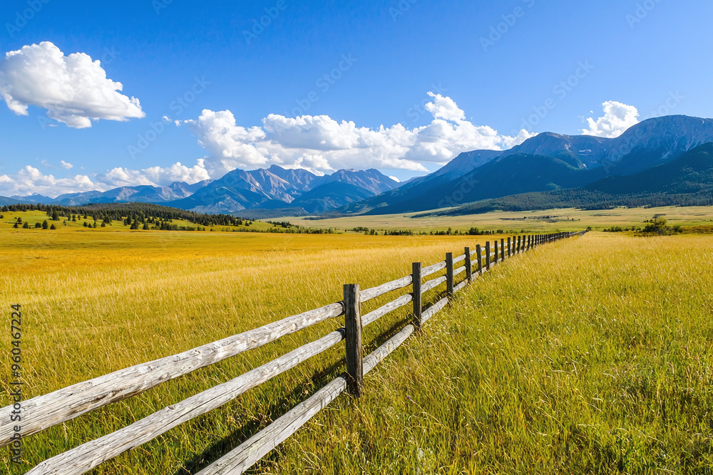 a sun-weathered wooden fence stretching across a golden prairie, with distant purple mountains and a big, cloud-dotted sky a sun-weathered wooden fence stretching across a golden prairie, with distant purple mountains and a big, cloud-dotted sky