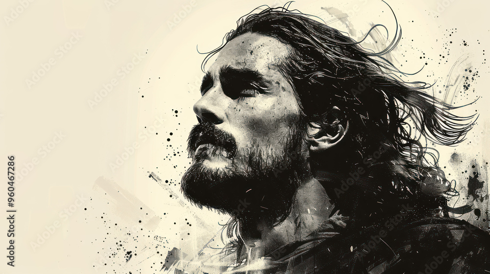 A soulful portrait of a man with flowing hair and a beard, lost in thought against a minimalist background. Generative AI A soulful portrait of a man with flowing hair and a beard, lost in thought against a minimalist background. Generative AI