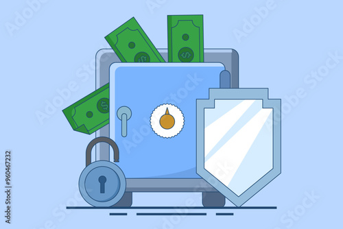 Safe deposit box concept, money storage with protection. Bank or safe deposit box concept. Flat vector illustration on background.