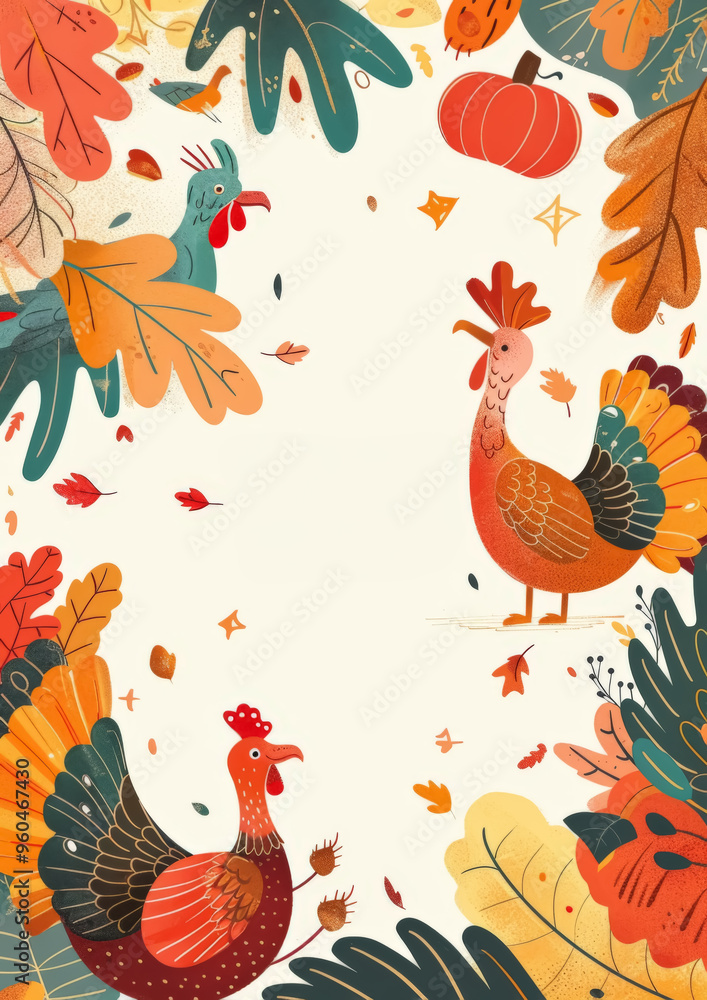 Whimsical Turkeys with Autumn Leaf Border Whimsical Turkeys with Autumn Leaf Border