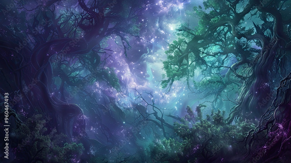 Fototapeta premium Forest backdrop with smoke-like textures and glowing ethereal light in deep green