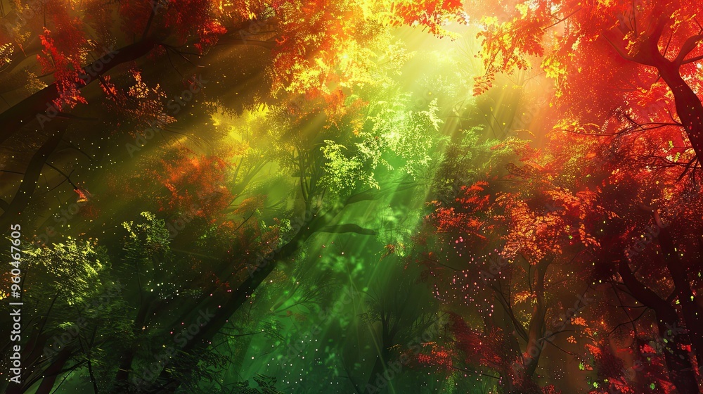 Vibrant forest wallpaper with bold abstract forms and dynamic light effects in red Vibrant forest wallpaper with bold abstract forms and dynamic light effects in red