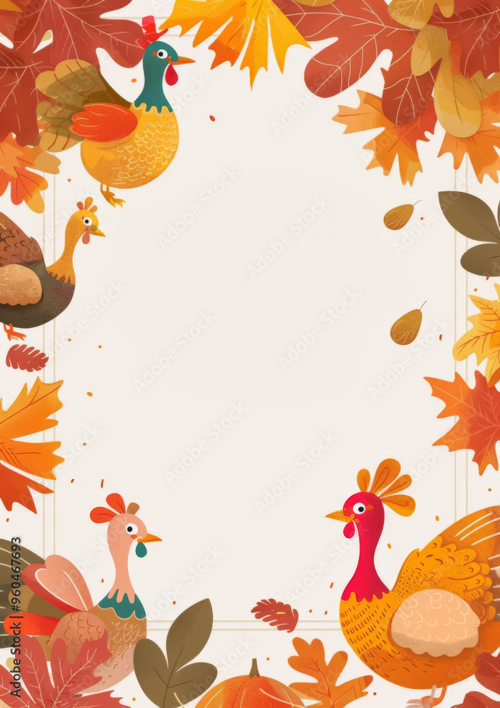 Thanksgiving Turkeys with Autumn Leaves Frame Design Thanksgiving Turkeys with Autumn Leaves Frame Design