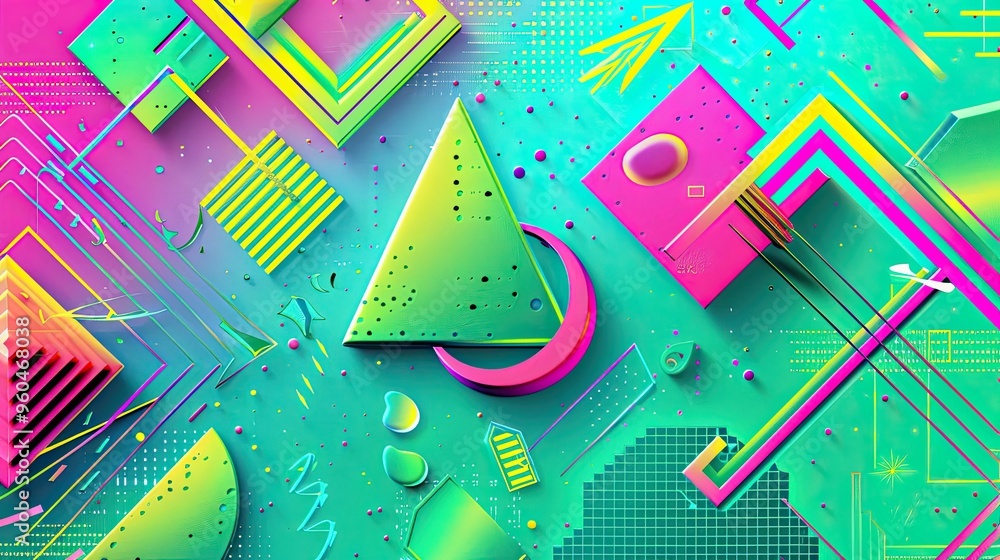 Bold angular shapes and neon accents with liquid textures in a dynamic 80s wallpaper Bold angular shapes and neon accents with liquid textures in a dynamic 80s wallpaper