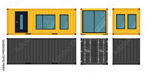 Yellow and black container houses and cargo containers. Vector illustration. Isolated on a white background.	