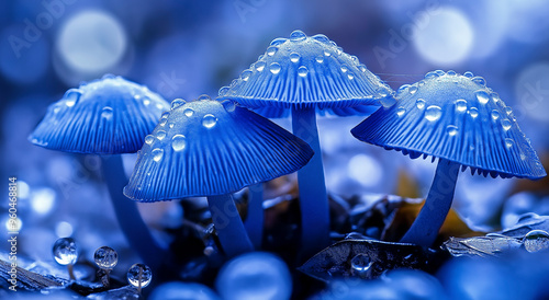 Uma coleção de delicados cogumelos azuis é mostrada com gotas de água, capturando a beleza da natureza e o ambiente sereno criado pela presença da água photo