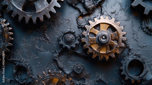 Close-up of metallic gears on a dark surface, showcasing intricate details and industrial textures for design or mechanical themes.