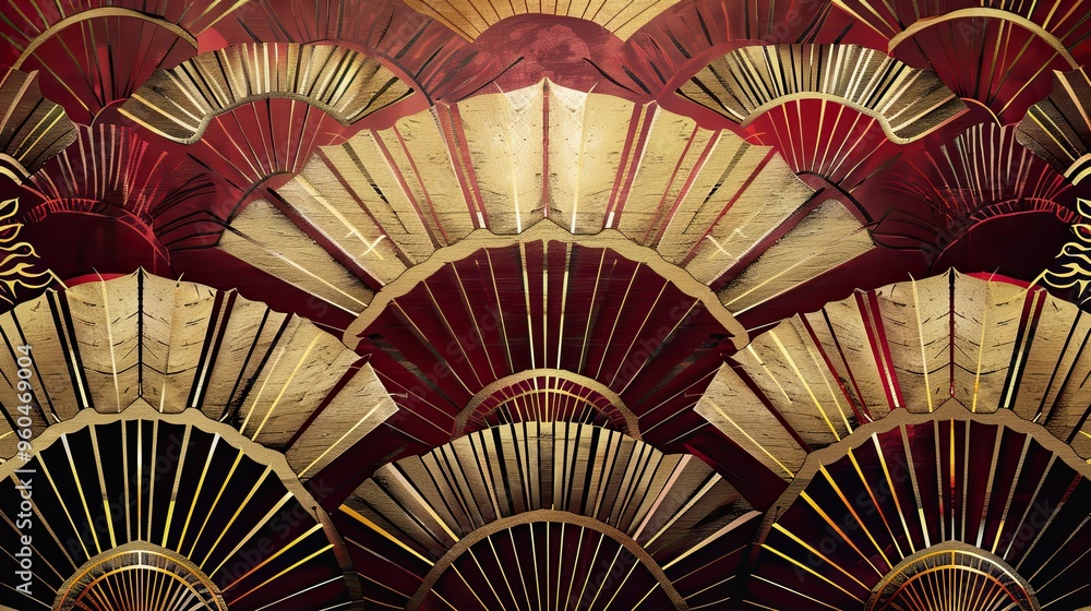 Fan designs in gold and ivory on red and burgundy gradients with textured overlays for Art Deco Fan designs in gold and ivory on red and burgundy gradients with textured overlays for Art Deco