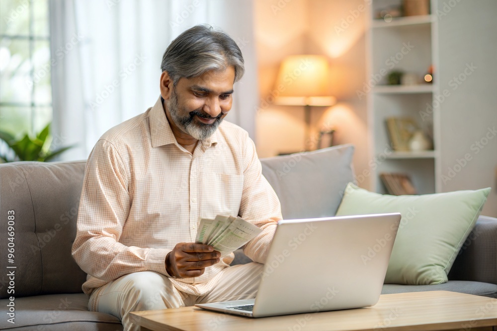Man counting money while using laptop at home Man counting money while using laptop at home