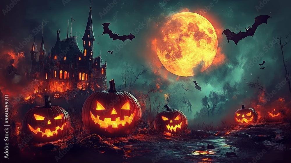 Halloween Night with Haunted Castle and Jack-o'-Lanterns Halloween Night with Haunted Castle and Jack-o'-Lanterns