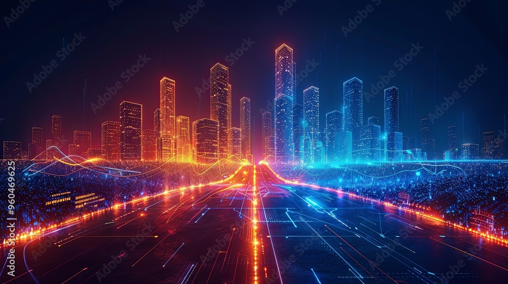 Urban 3D panorama - architectural background illustration. The city center is residential, business environment. Apartment rental - advertising background with glowing lines of transport Urban 3D panorama - architectural background illustration. The city center is residential, business environment. Apartment rental - advertising background with glowing lines of transport