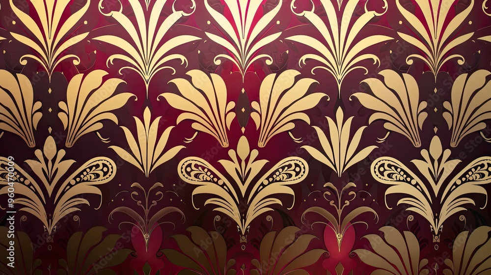 Floral motifs in gold and ivory on a deep red Art Deco backdrop with soft light Floral motifs in gold and ivory on a deep red Art Deco backdrop with soft light