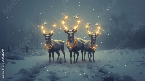 deer with christmas lights on antlers in winter snow background