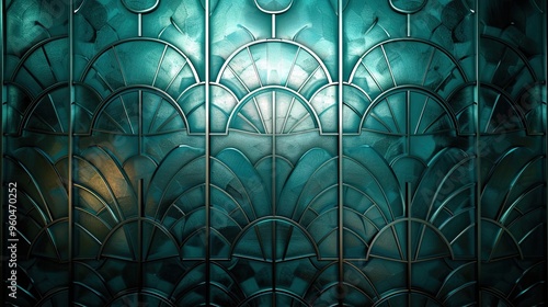 Silver lattice patterns on a teal and jade Art Deco backdrop with diffused lighting photo