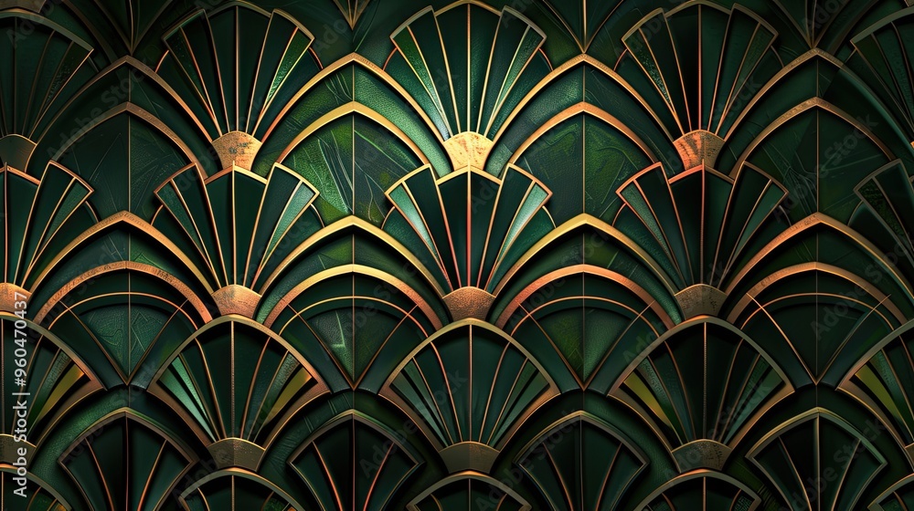 Fan-like motifs in bronze and black on a deep green and jade Art Deco wallpaper Fan-like motifs in bronze and black on a deep green and jade Art Deco wallpaper