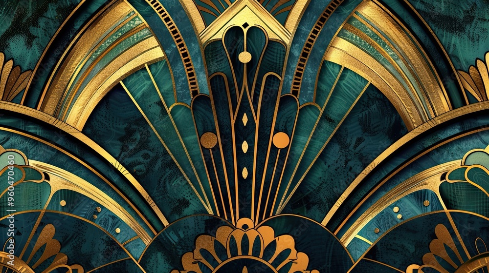 Art Deco backdrop with gold and navy mosaic patterns over a gradient of teal hues Art Deco backdrop with gold and navy mosaic patterns over a gradient of teal hues