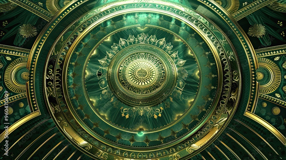 Obraz premium Art Deco backdrop with intricate gold radial designs over a sapphire gradient