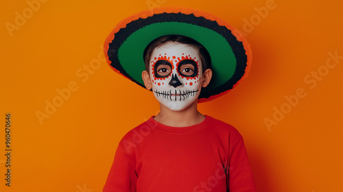 Joyful Halloween Celebration: Boy in Sugar Skull Costume Embraces Day of the Dead photo