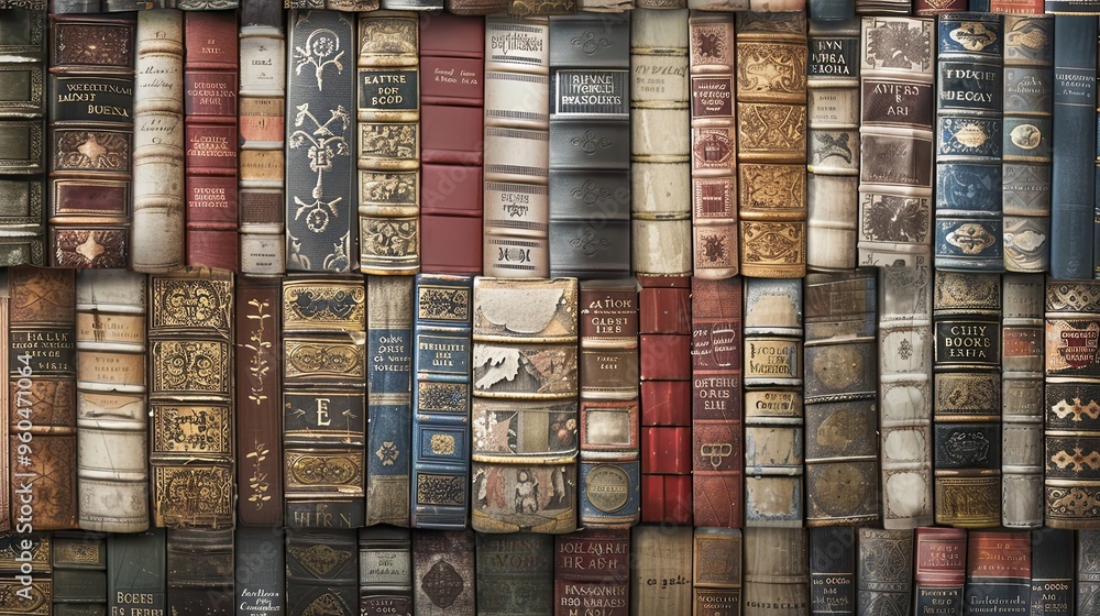 Array of old book spines in varied textures on an antique book-themed ...
