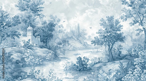 Wallpaper Mural Classic toile designs in blue on a vintage wallpaper background with a worn look Torontodigital.ca