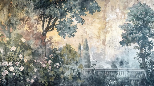 Fototapeta Naklejka Na Ścianę i Meble -  Vintage wallpaper featuring a hand-painted classical garden mural slightly faded