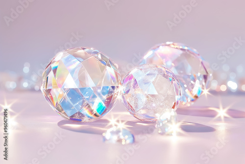 Three beautifully crafted crystal spheres, varying in size, catch and reflect sunlight, creating dazzling highlights on a smooth surface, adorned with smaller diamond-like shapes