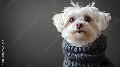 Surreal Maltese Dog in Boho-Chic Style Outfit on Gray Background with Natural Lighting photo