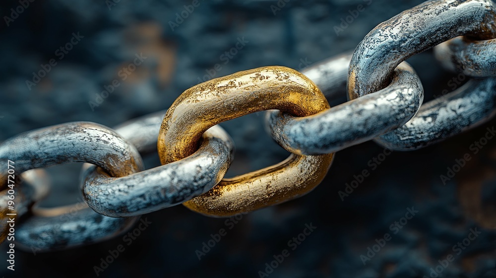 Close-up of a Golden Link in a Silver Chain Close-up of a Golden Link in a Silver Chain
