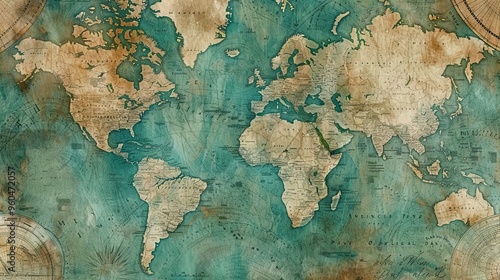 Fototapeta Naklejka Na Ścianę i Meble -  Detailed hand-drawn world map on a slightly crinkled vintage background for an explorer's feel
