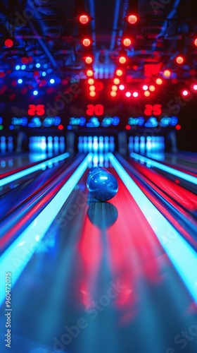 A bowling ball is rolling down a lane in a bowling alley