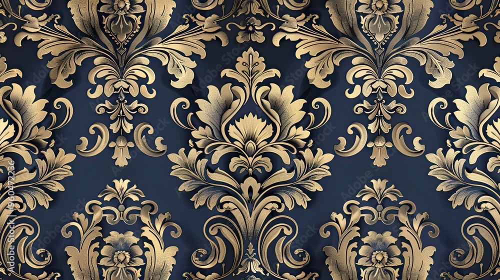 Rich navy and gold Baroque wallpaper with elaborate curves and flourishes luxurious vintage look Rich navy and gold Baroque wallpaper with elaborate curves and flourishes luxurious vintage look