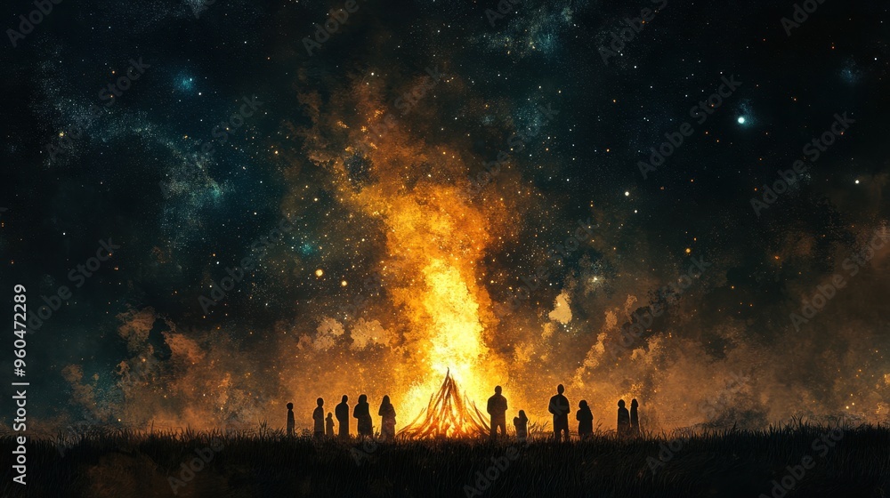 Fototapeta premium Mesmerizing Bonfire Illuminating the Starry Night Sky