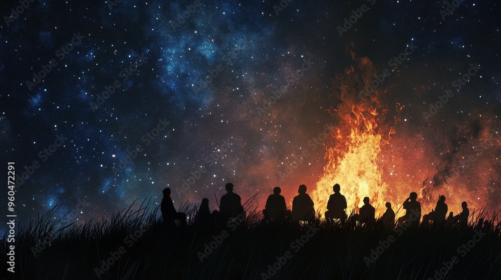 Silhouettes Gathered Around a Burning Campfire Under a Starry Night Sky Silhouettes Gathered Around a Burning Campfire Under a Starry Night Sky