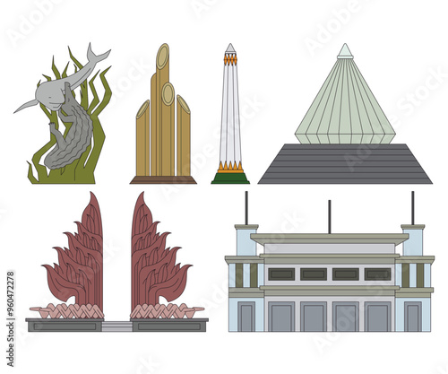 Surabaya Indonesia landmarks iconic place tourist destination Hero monument Suro and Boyo statue monument Hotel Yamato East Java set collection