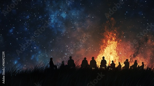 Silhouettes Gathered Around a Burning Campfire Under a Starry Night Sky