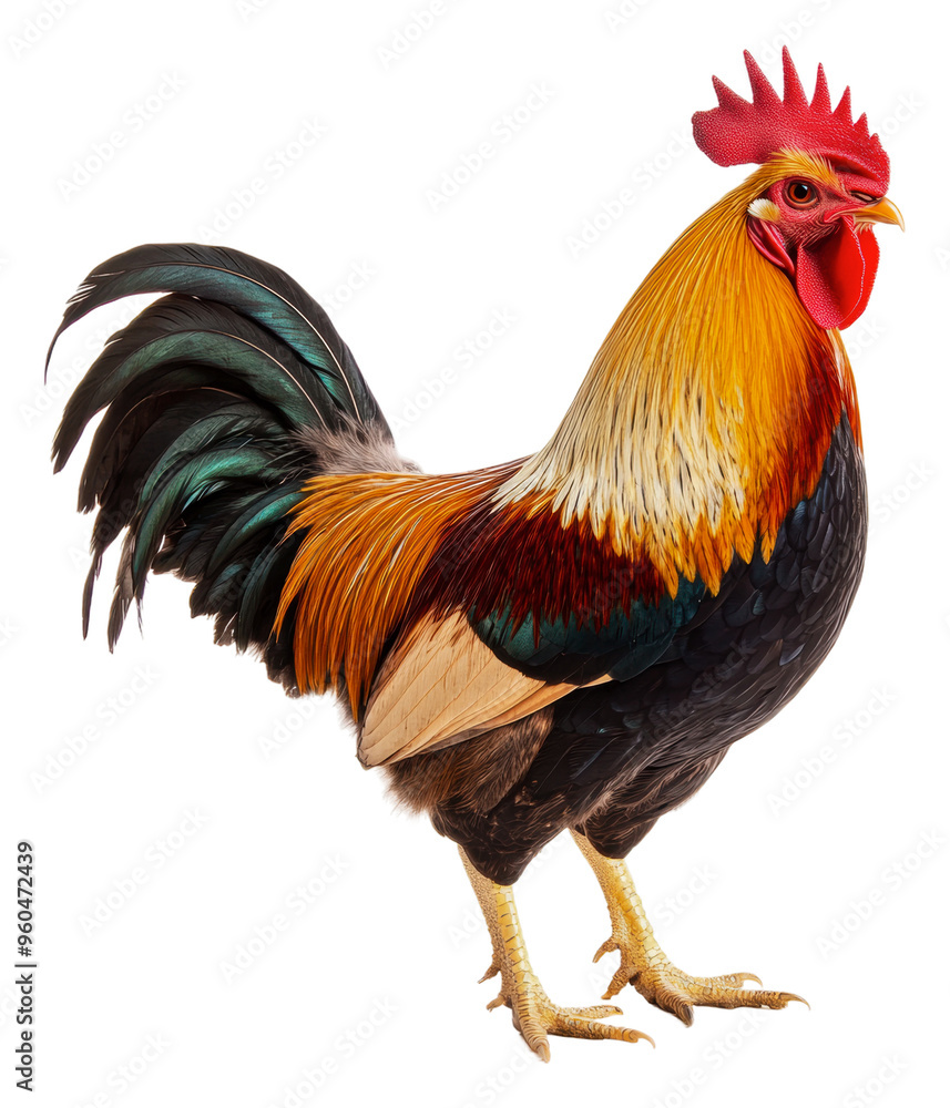 Proud, colorful rooster stands tall, cut out - stock png. Proud, colorful rooster stands tall, cut out - stock png.