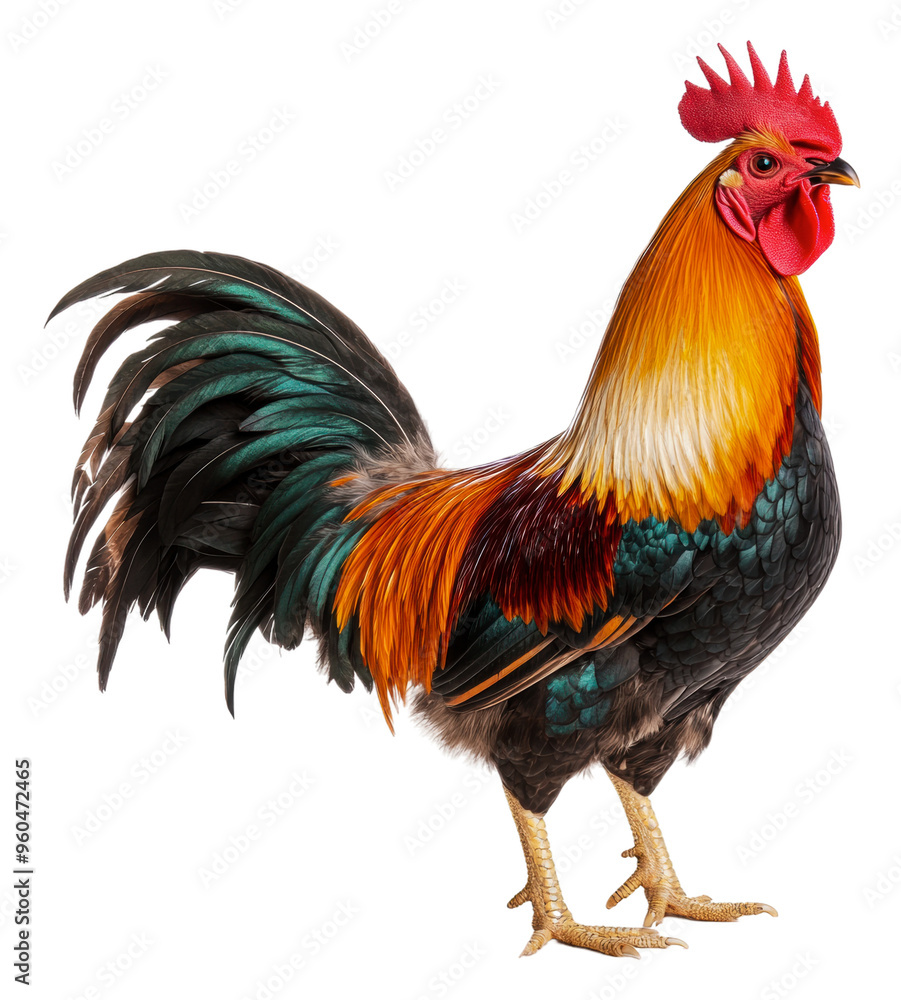 Vibrant rooster posing against a white background, cut out - stock png. Vibrant rooster posing against a white background, cut out - stock png.