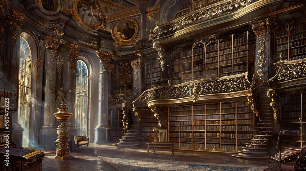 Obraz premium Classical library mural with ornate shelves and gold accents on a Baroque background evoking a scholarly feel