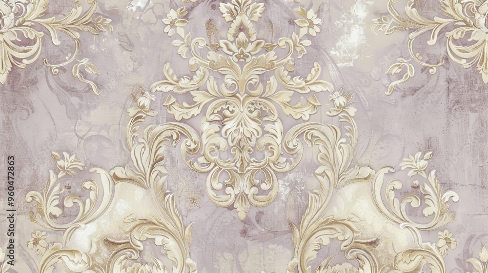 Lavender and gold Baroque wallpaper with floral and baroque patterns for an elegant regal atmosphere Lavender and gold Baroque wallpaper with floral and baroque patterns for an elegant regal atmosphere