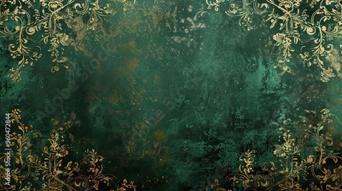 Fototapeta Naklejka Na Ścianę i Meble -  Baroque wallpaper in deep forest green and gold with intricate damask and acanthus leaf patterns dramatic and elegant