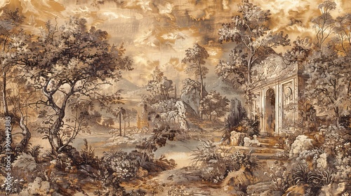 Wallpaper Mural Baroque tapestry wallpaper depicting pastoral scenes in rich earth tones with subtle gold accents for a rustic charm Torontodigital.ca