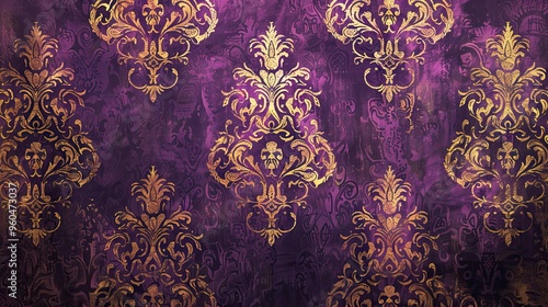 Luxurious Baroque wallpaper with rich purple and gold damask patterns featuring intricate detailing and a slightly aged texture photo