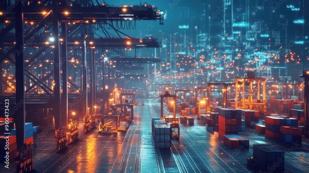 Fototapeta premium Vibrant Nighttime Cityscape of a Bustling Cargo Shipping Port