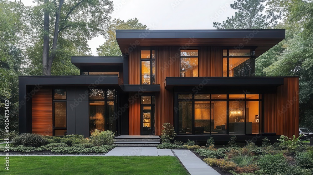 minimalist cubic house with sleek wooden cladding and black panel walls modern landscaping in front yard architectural photography showcasing contemporary design minimalist cubic house with sleek wooden cladding and black panel walls modern landscaping in front yard architectural photography showcasing contemporary design