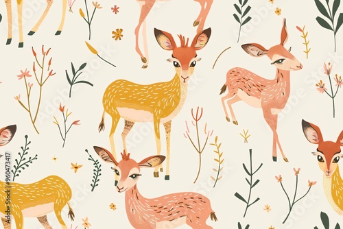 Repeating illustration of cute deer silhouettes arranged in symmetrical composition.