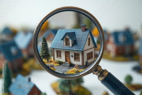 whimsical real estate concept with oversized magnifying glass hovering over miniature blueroofed houses clean white background playful scale contrast photo