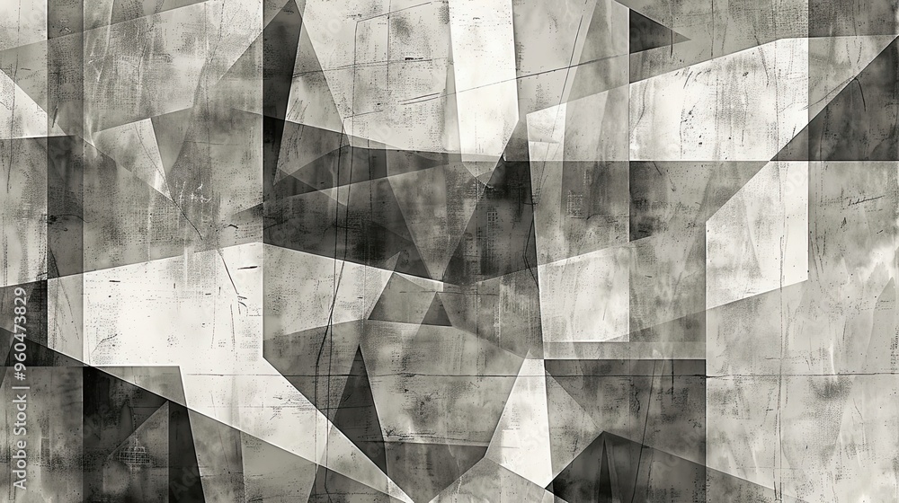Geometric Cubist wallpaper in monochrome shades with metallic highlights and layers Geometric Cubist wallpaper in monochrome shades with metallic highlights and layers