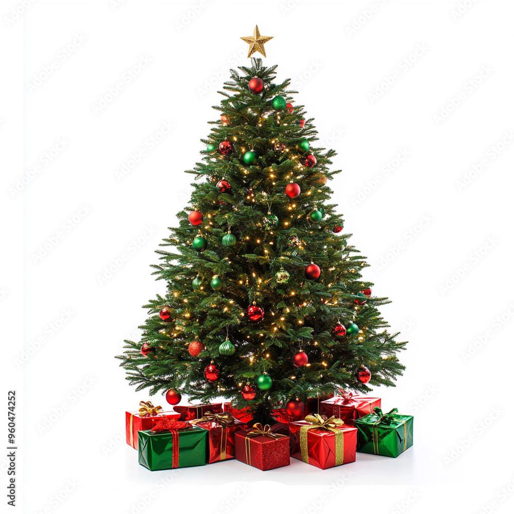 Decorated Christmas tree with red and green gift boxes isolated on white background Decorated Christmas tree with red and green gift boxes isolated on white background