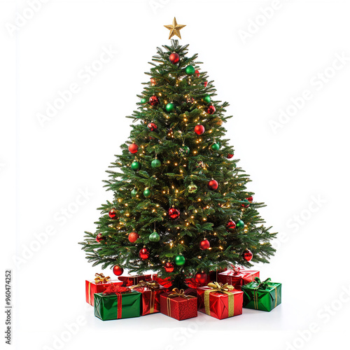 Decorated Christmas tree with red and green gift boxes isolated on white background