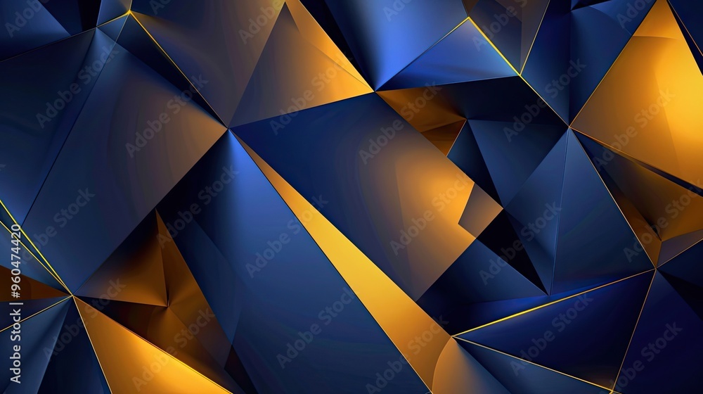 Indigo and gold planes with glossy finish and gradient transitions in a Cubist backdrop Indigo and gold planes with glossy finish and gradient transitions in a Cubist backdrop